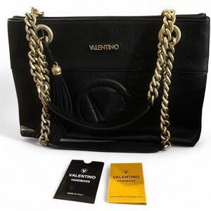 Valentino Black Leather Shoulder Bag with Gold Chain